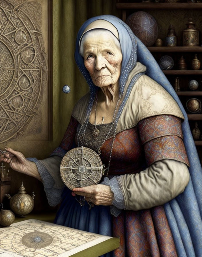 Elderly woman with headscarf holding astrolabe among celestial globes and maps