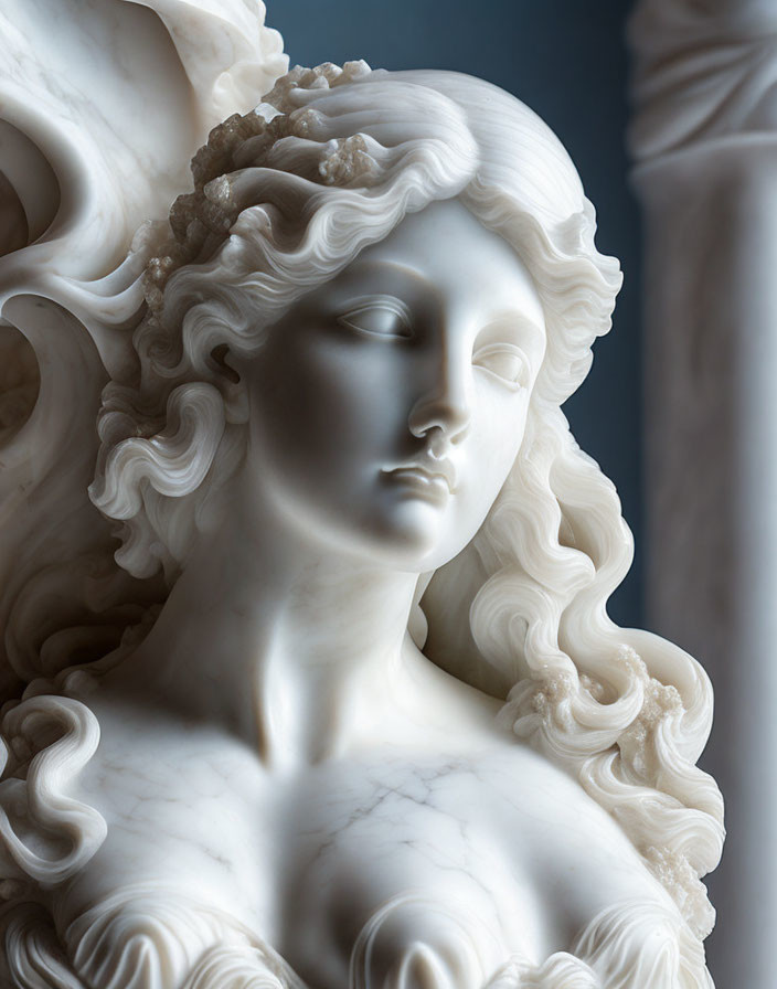 Detailed Marble Sculpture of Woman with Wavy Hair and Draped Garment