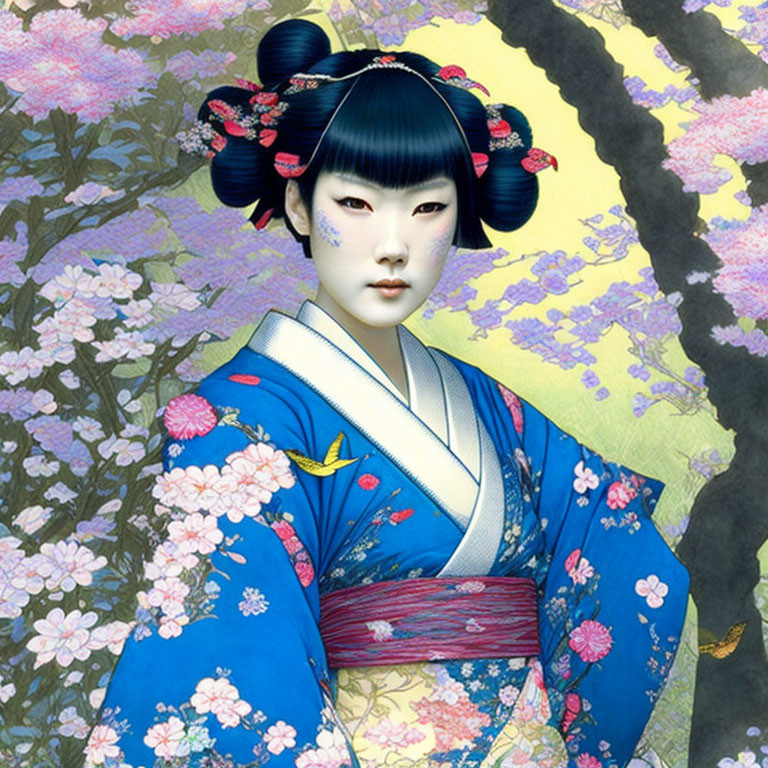 Traditional Japanese Woman in Blue Kimono Amid Cherry Blossoms