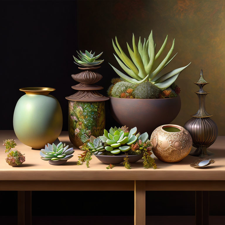 Succulent plants in decorative pots on wooden table against dark background