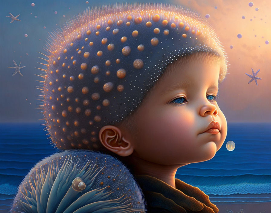 Child wearing sea urchin-themed attire by the ocean