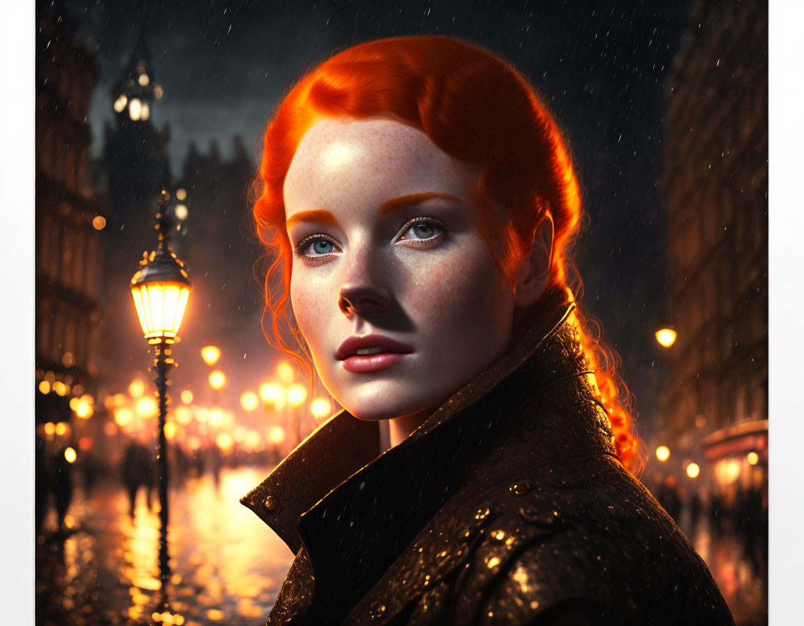 Red-haired woman in rain-soaked city street at night