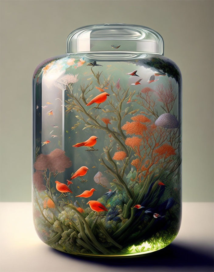 Vibrant underwater ecosystem in large glass jar with coral, plants, fish