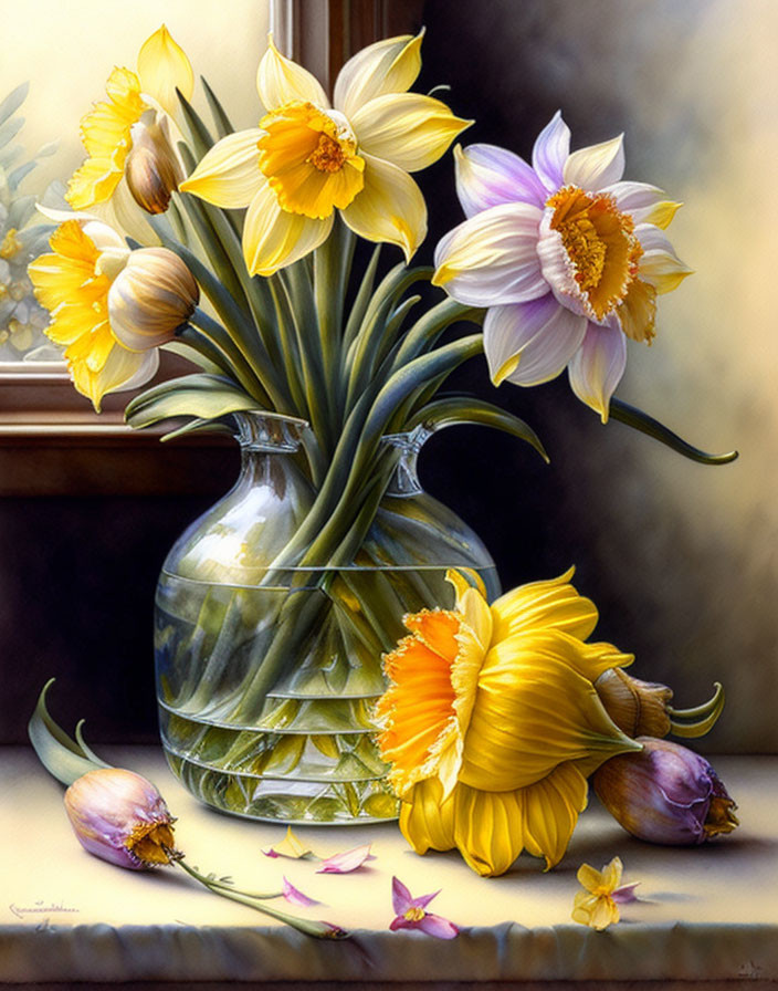 Colorful painting: Glass vase with yellow and white daffodils.