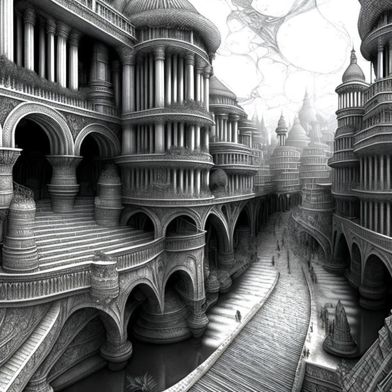 Surreal monochrome architecture with intricate buildings and figures in a maze-like cityscape