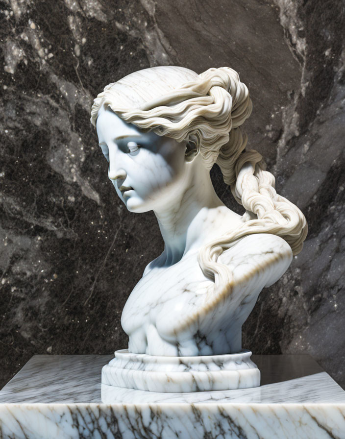 Detailed marble bust of woman with intricate hair on dark veined background