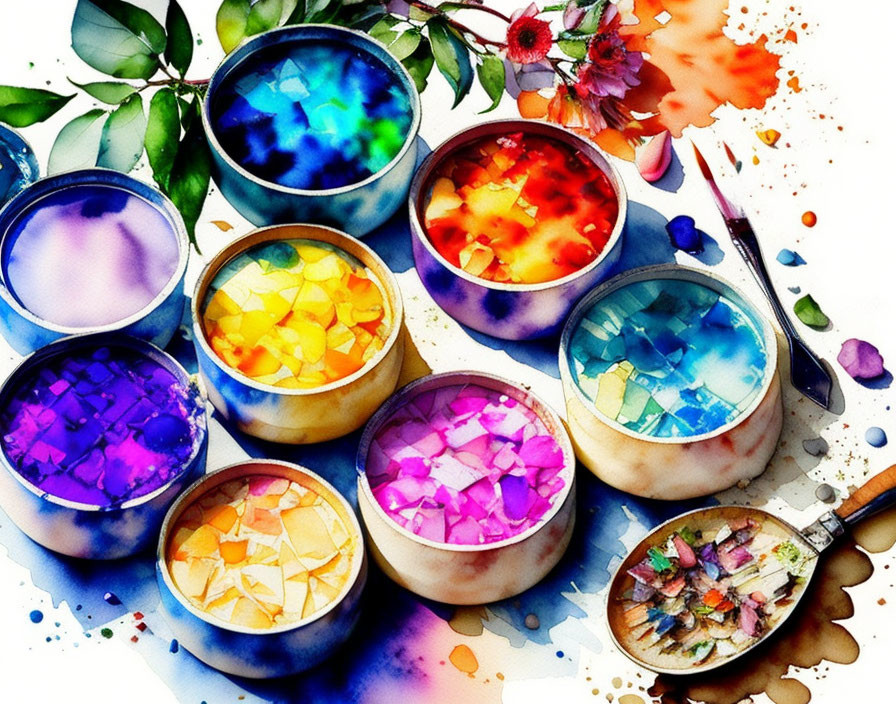 Colorful watercolor paints in dishes with paintbrush, splashes, and green foliage.