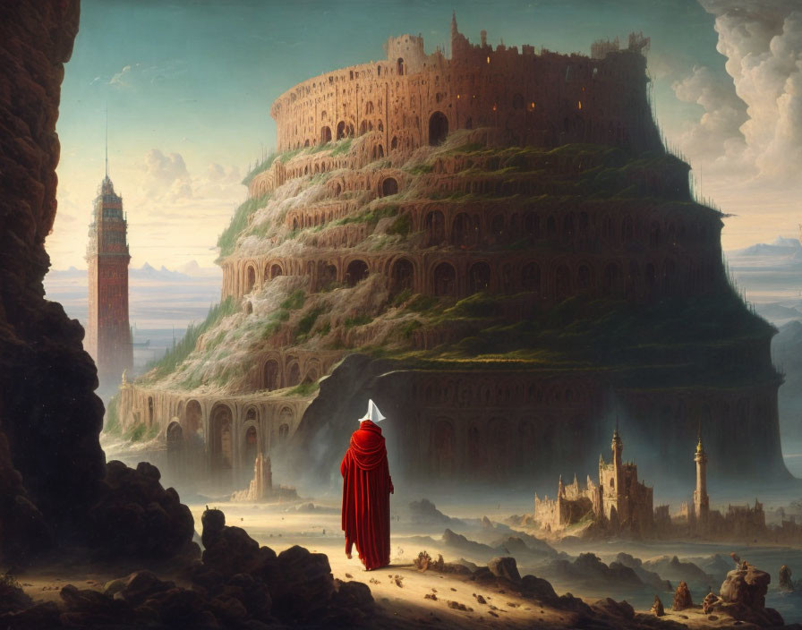 Mysterious figure in red cloak near ancient layered structure and distant tower