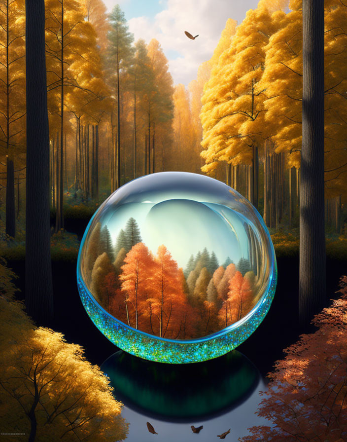 Autumn forest with dark trees and golden foliage reflected in crystal ball on water