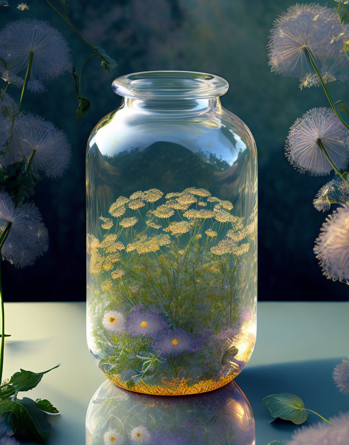 Miniature landscape in glass jar with yellow wildflowers and dandelion seeds on twilight background