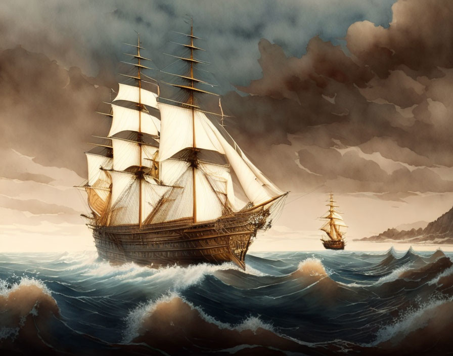 Tall ships navigating stormy seas with dramatic waves.