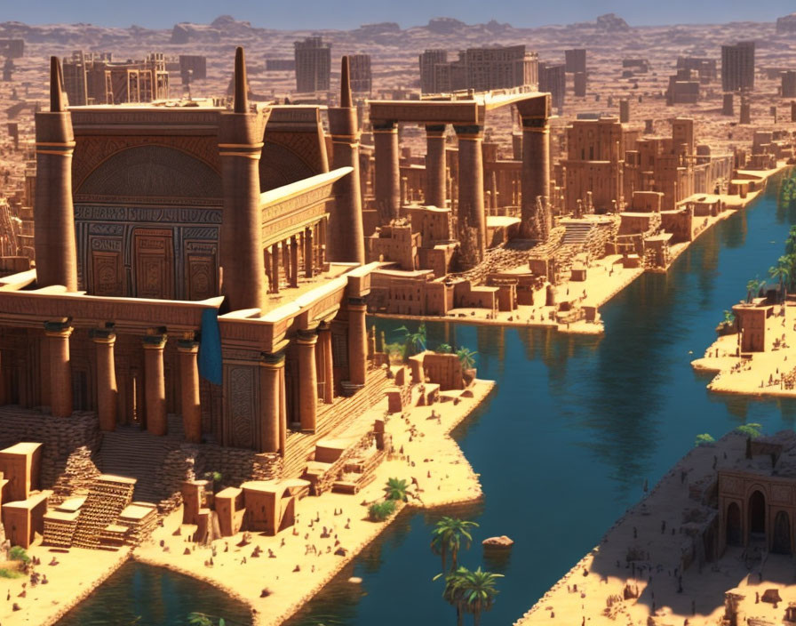 Ancient Egyptian city digital art with monumental buildings and bustling river