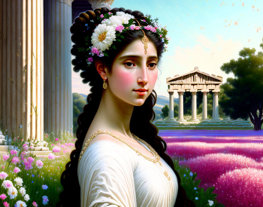 Woman in floral wreath and classical dress at ancient temple amid colorful flowers