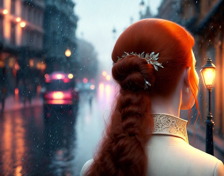 Braided red hairstyle woman in rainy city street scene