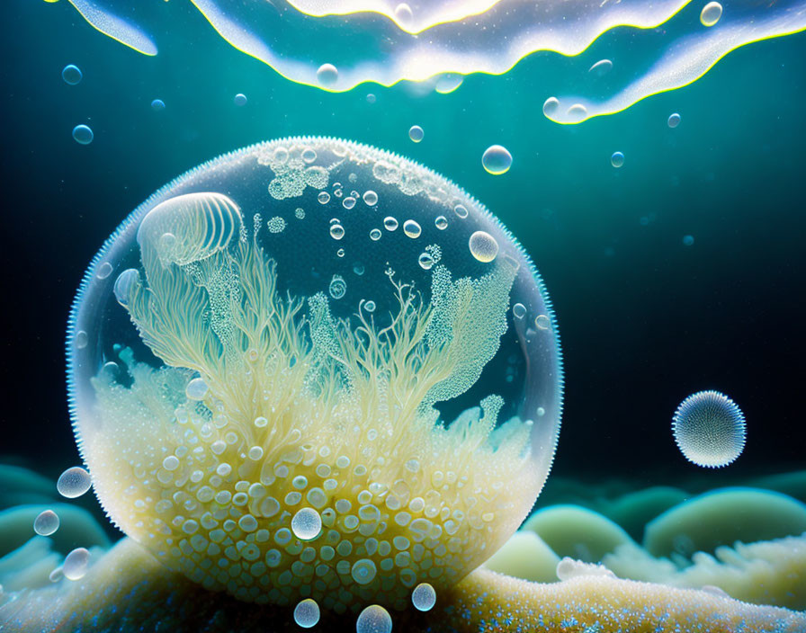 Translucent spherical marine organism with intricate patterns and bubbles in dark underwater setting