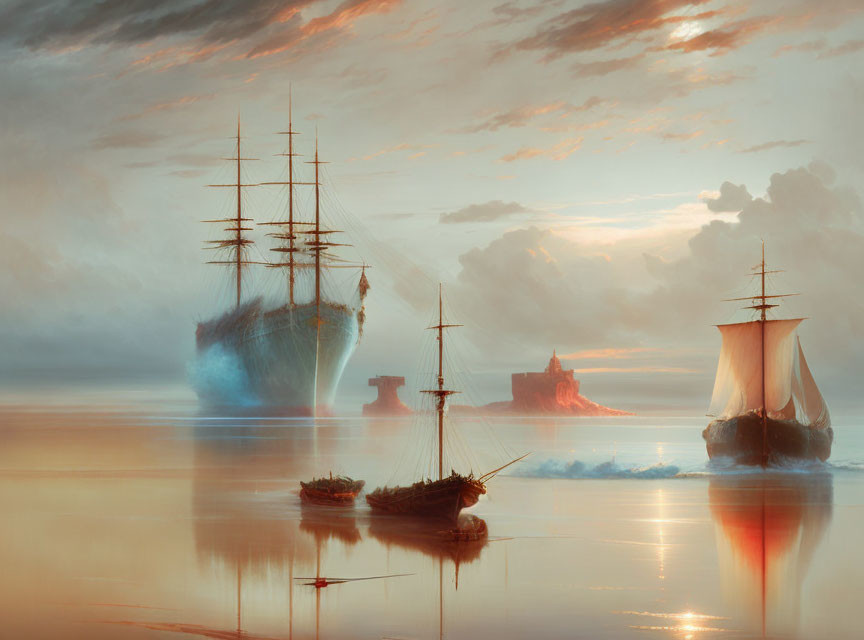 Serene Seascape at Dawn with Tall Ships and Boats