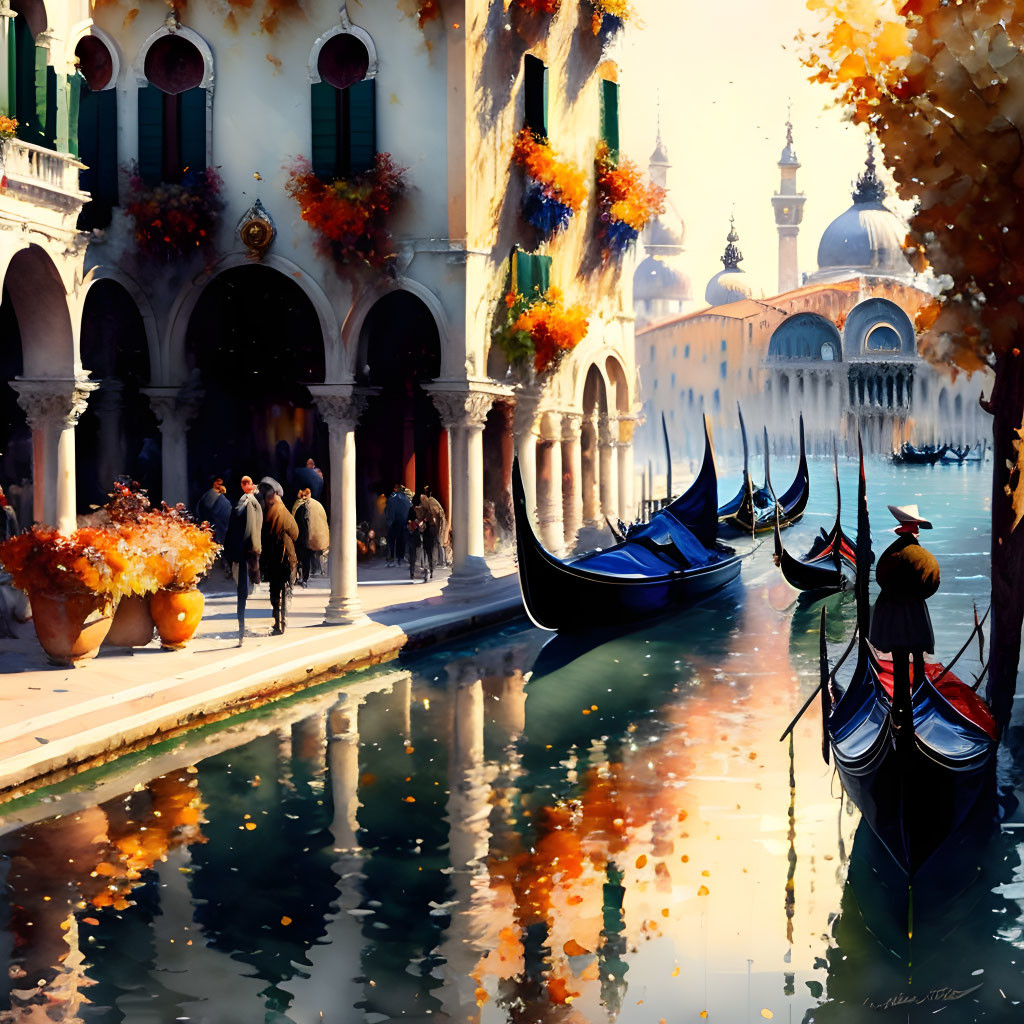 Venetian canal scene with gondolas, people, autumn foliage, and historical architecture.