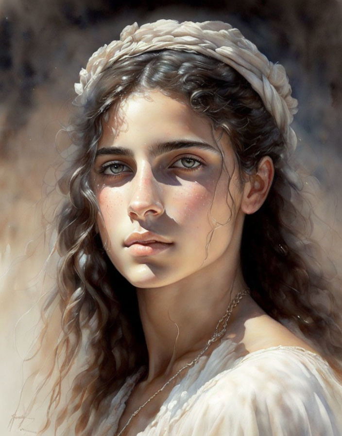 Realistic painting of young woman with wavy brown hair and white headband.