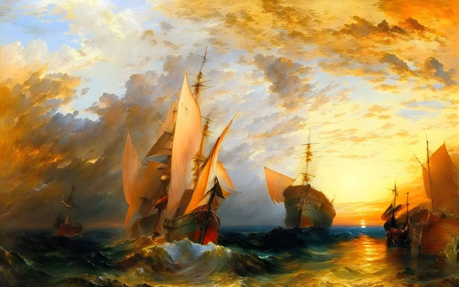 Dramatic Seascape at Sunset with Sailing Ships