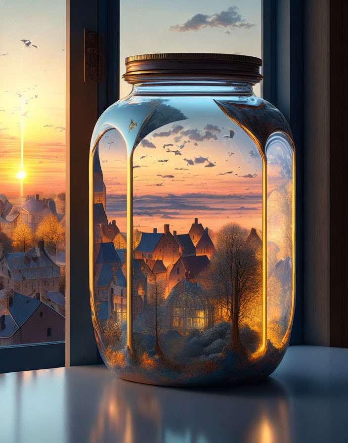 Glass jar captures miniature town against sunset backdrop