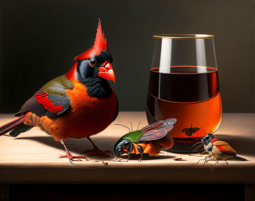 Colorful cardinal bird and bee by amber liquid on wooden surface