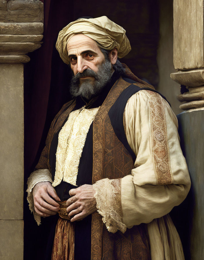 Historically dressed man in turban and embroidered vest by old wall