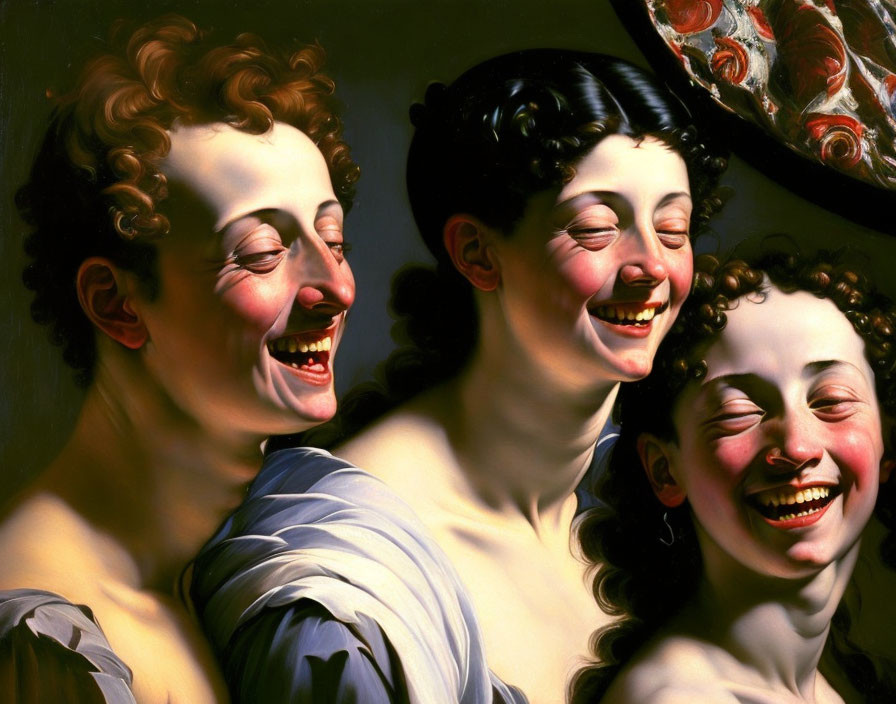 Baroque-style painting of three people with exaggerated smiles