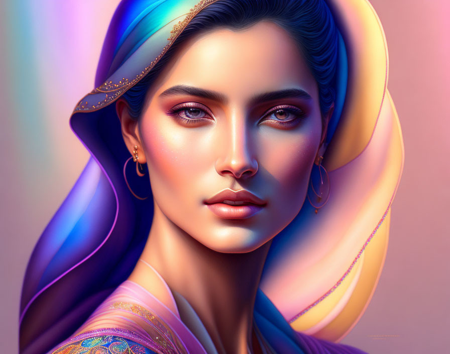 Colorful Hijab Woman Portrait with Detailed Eyes and Smooth Skin