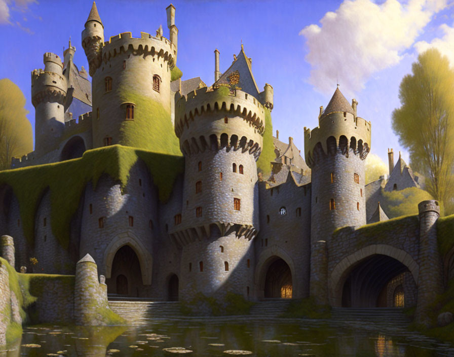 Majestic castle with spires and turrets in rolling hills under sunlight