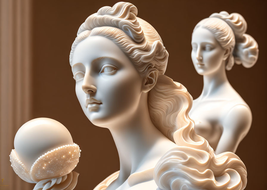 Marble sculpture of woman's bust with sphere, intricate hair details