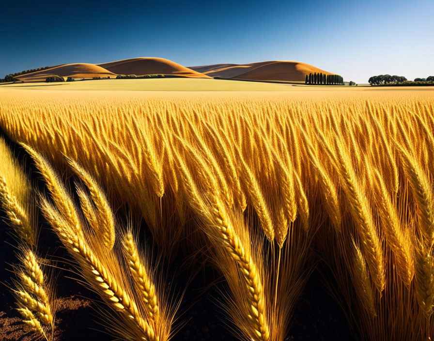 Ripe ears of wheat in a golden field with rolling hills and blue sky