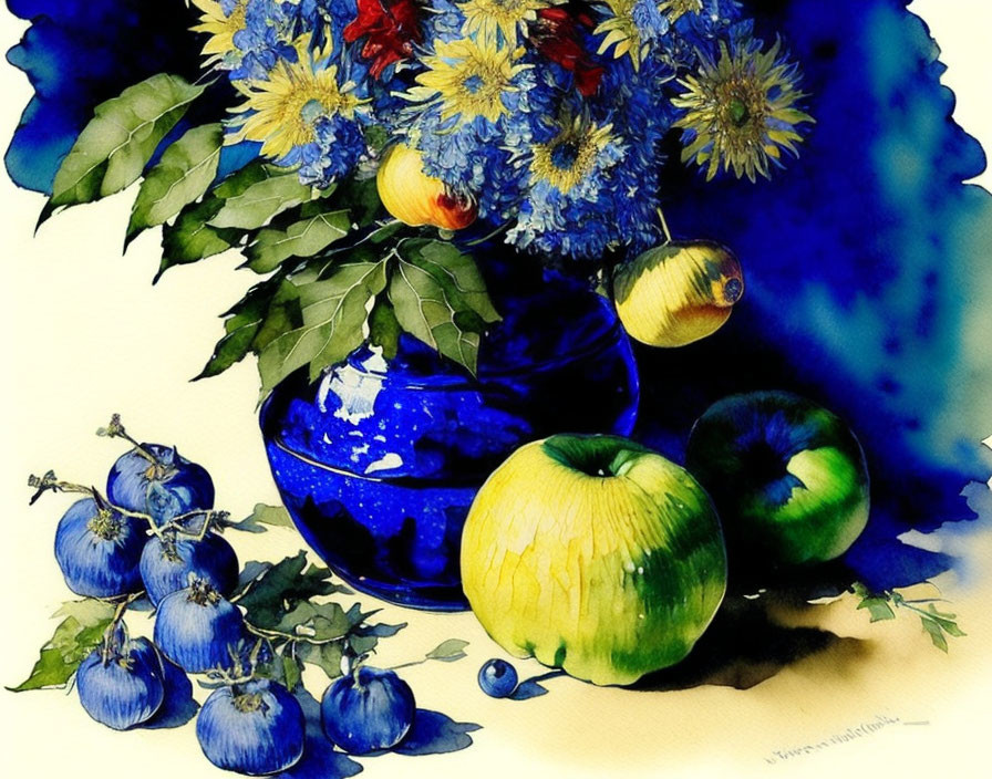 Colorful watercolor painting of blue ceramic bowl with fruits and flowers on white surface