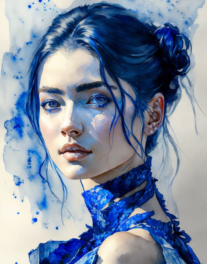 Detailed Watercolor Portrait of Woman with Blue Hues