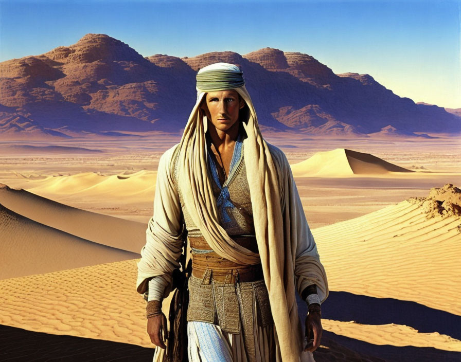 Person in desert attire with sand dunes, mountains, and clear sky.