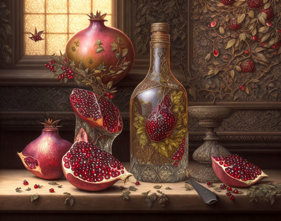 Ripe pomegranates and ornate bottle on wooden table