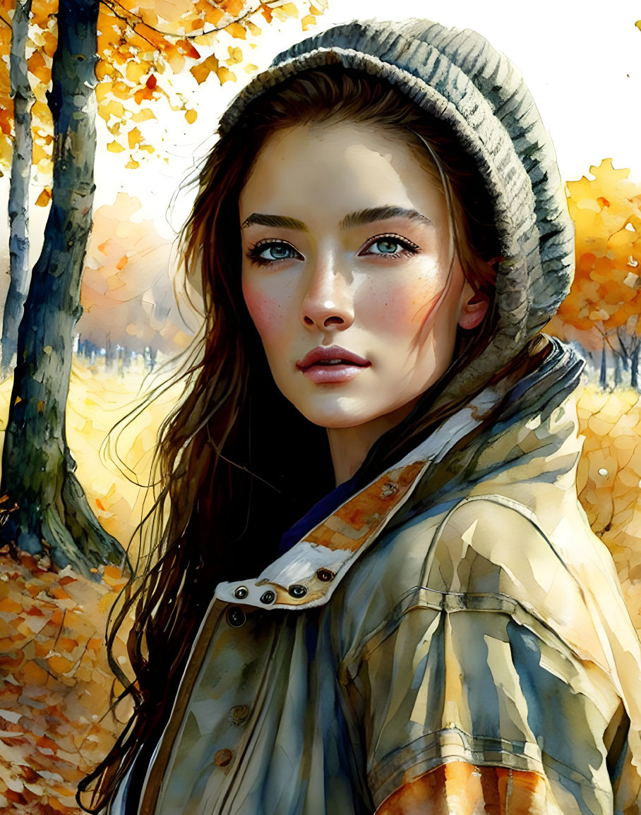 Digital painting: Young woman in hood, autumn forest setting, warm colors, detailed facial features