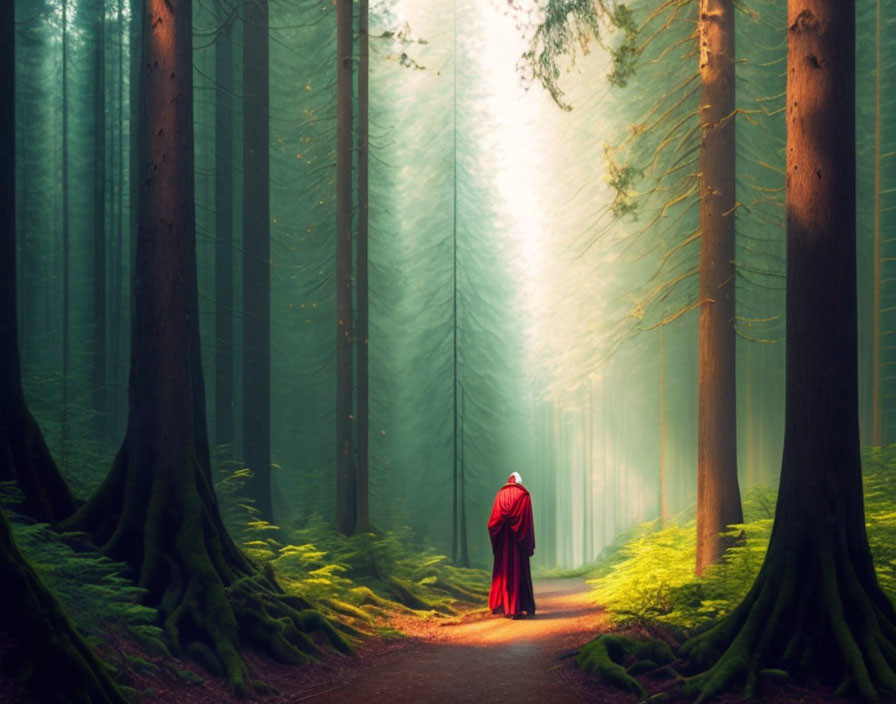 Person in red cloak walking through misty forest with tall trees and green moss.