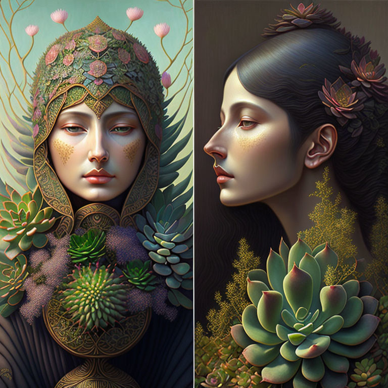 Stylized portraits of women with botanical elements and dark backgrounds