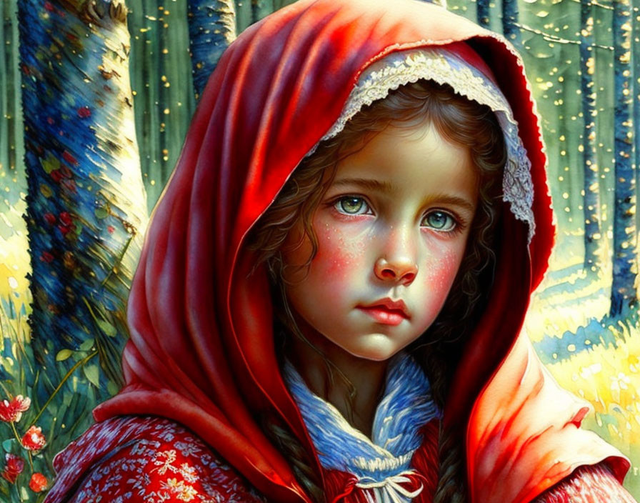 Young girl in red cloak with blue eyes in sunlit forest