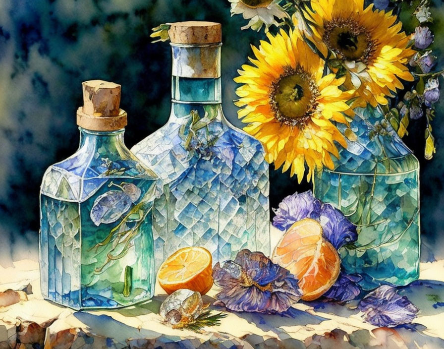 Sunflowers and fruit with open and sealed glass bottles in vibrant watercolor.