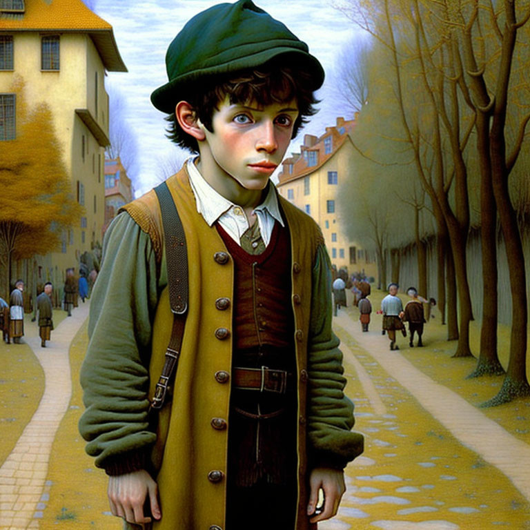 Young boy in green hat and jacket on street with people