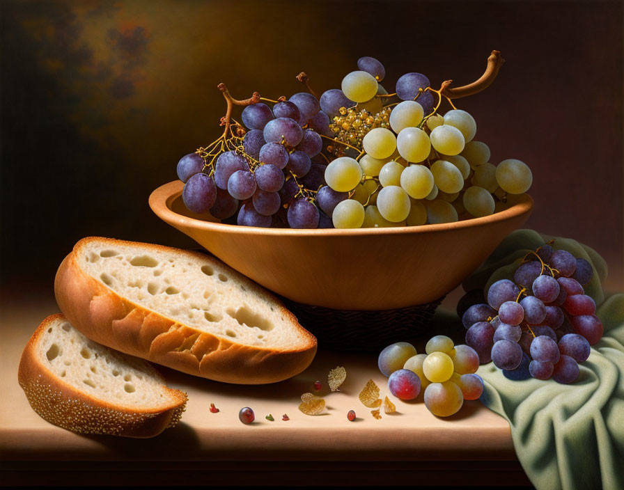 Classic Still Life Painting with Grapes, Bread, Spices, and Green Cloth