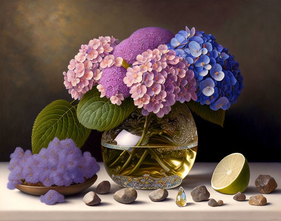 Vibrant purple and blue hydrangeas in golden bowl with lime and chocolates