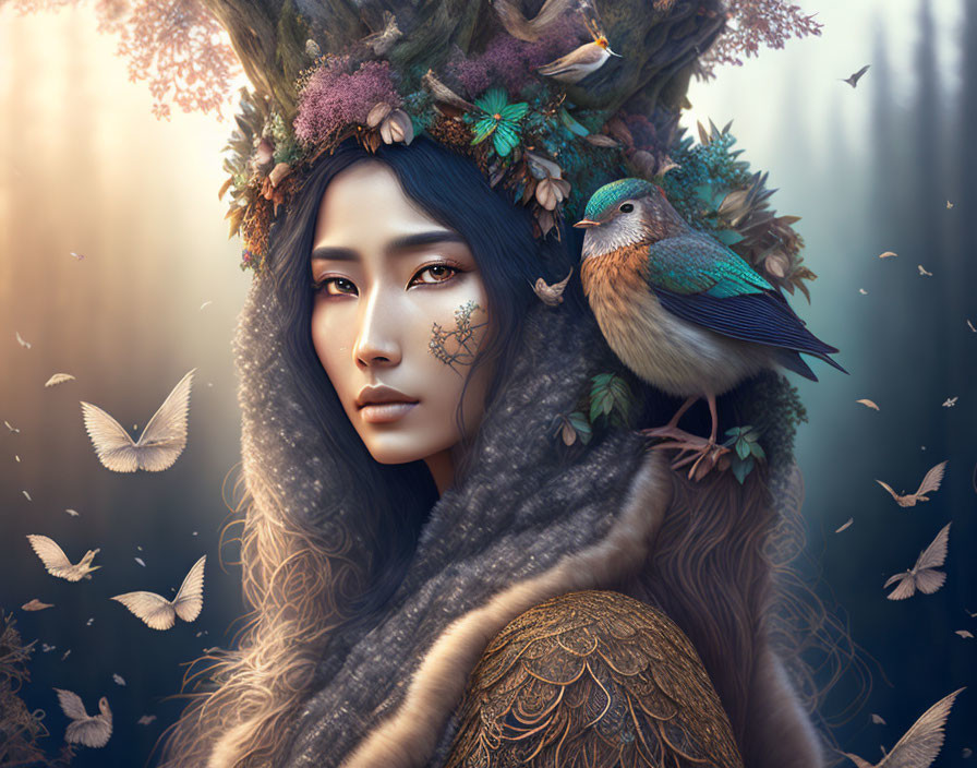 Woman with Floral Crown, Bird, and Butterflies in Forest Setting