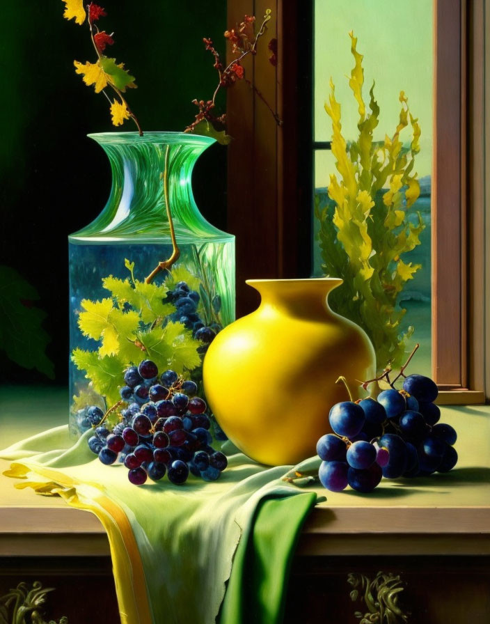 Vibrant Still Life with Vases and Grapes Arrangement