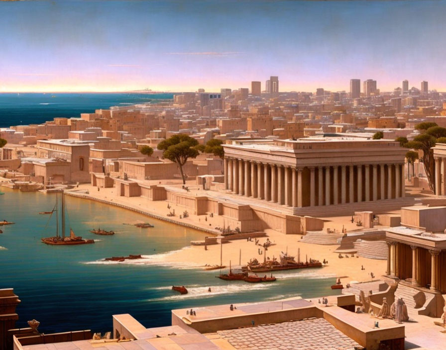 Ancient coastal city with classical buildings and sailing ships