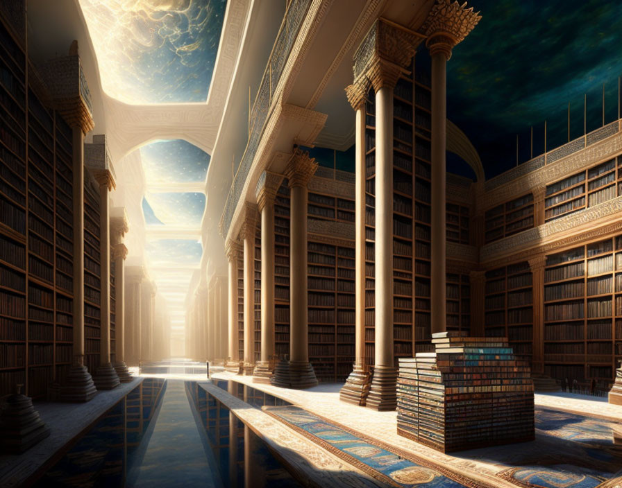 Expansive grand library with towering bookshelves and ornate columns