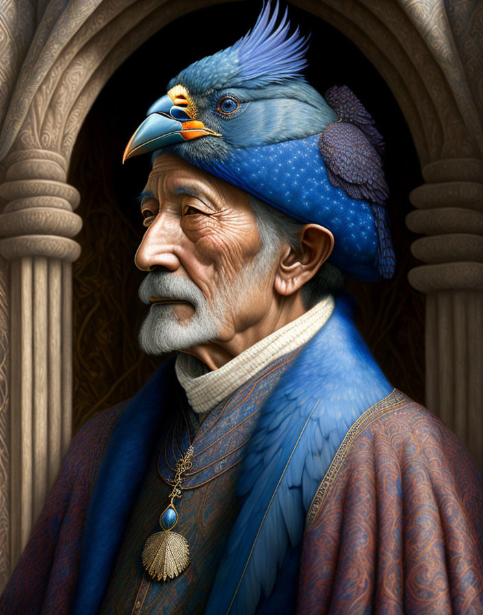 Surreal portrait: human elder with avian features in royal blue plumage.