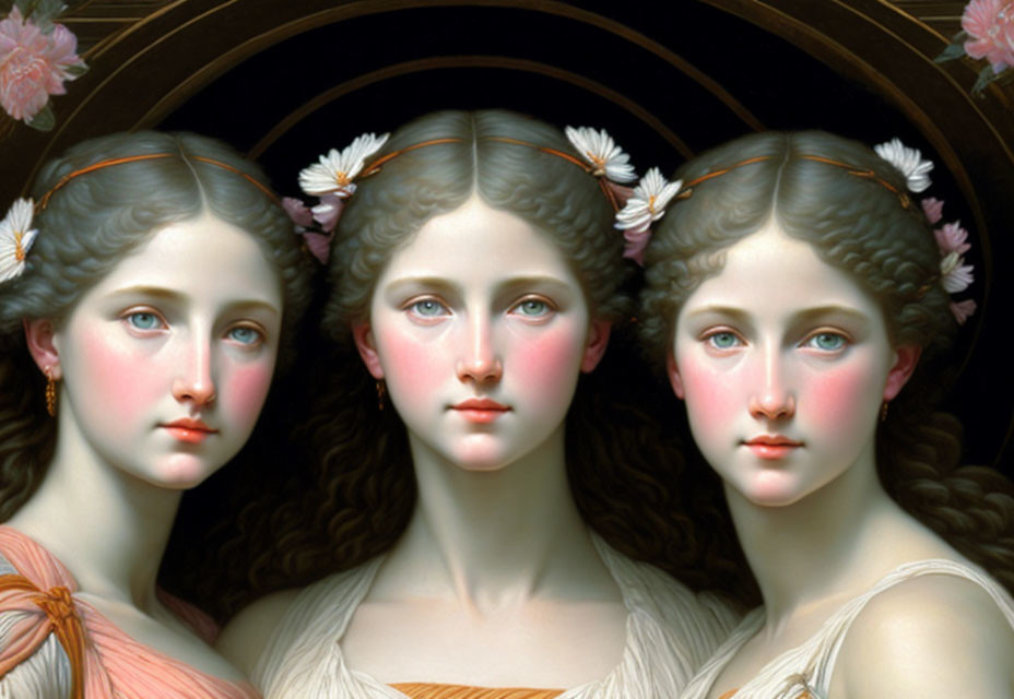 Three young women with white flowers in hair, serene gaze