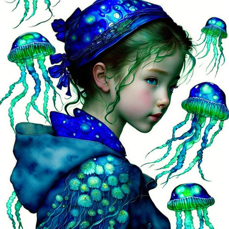 Young girl in blue cap and coat with glowing jellyfish in underwater fantasy scene